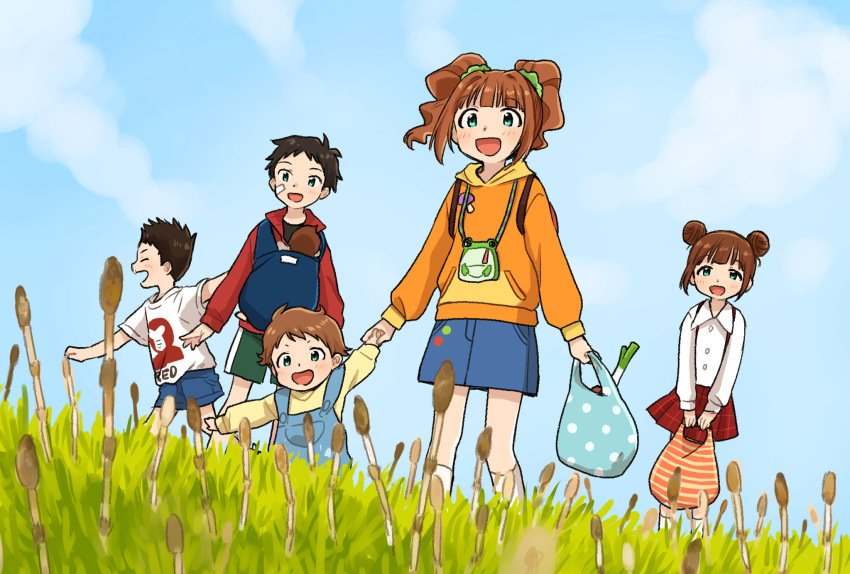 2girls, 4boys, babywearing, bag, bandaid, bandaid_on_face, blue_eyes, brown_hair