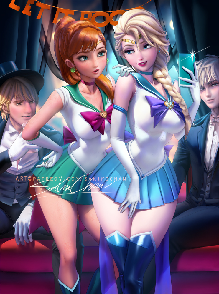 2boys, 2girls, anna_(frozen), artist_name, bishoujo_senshi_sailor_moon, black_hat, black_pants, blonde_hair, blue_boots, blue_choker, blue_eyes, blue_skirt, blue_thighhighs, boots, bow, bowtie, braid, braided_ponytail, breasts, brown_eyes, brown_hair, choker, cleavage, cosplay, couch, crossover, curtains, earrings, elbow_gloves, elsa_(frozen), frozen_(disney), gloves, green_boots, green_eyes, green_skirt, halloween, halloween_costume, hat, holding, holding_phone, jack_frost_(rise_of_the_guardians), jewelry, kristoff_(frozen), large_breasts, long_hair, looking_at_another, multiple_boys, multiple_girls, pale_skin, pants, parted_lips, patreon_username, phone, ponytail, red_choker, rise_of_the_guardians, sailor_jupiter, sailor_jupiter_(cosplay), sailor_mercury, sailor_mercury_(cosplay), sakimichan, short_hair, siblings, signature, sisters, sitting, skirt, smile, standing, thigh_boots, thighhighs, thighs, tiara, top_hat, trait_connection, tuxedo, tuxedo_kamen, tuxedo_kamen_(cosplay), watermark, web_address, white_bow, white_bowtie, white_gloves, white_hair