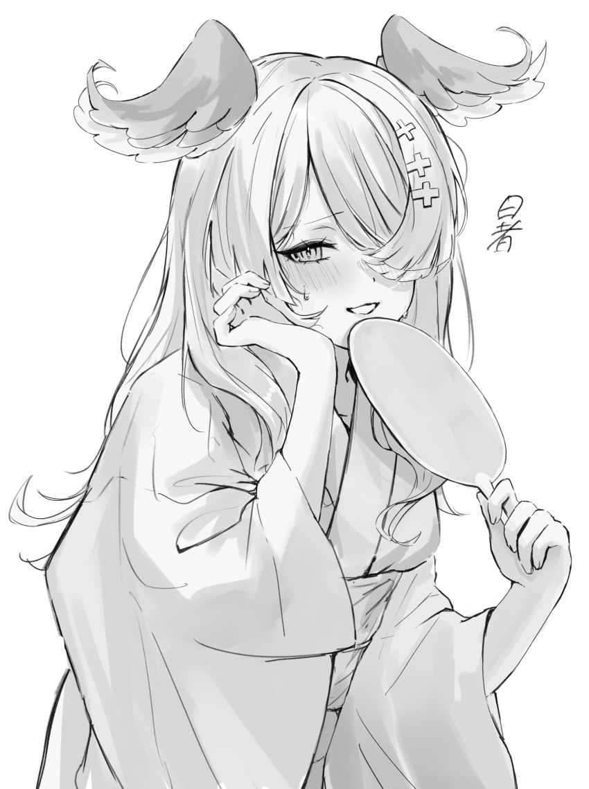 1girl, blush, elira_pendora, hair_ornament, hair_over_one_eye, head_wings, highres, japanese_clothes