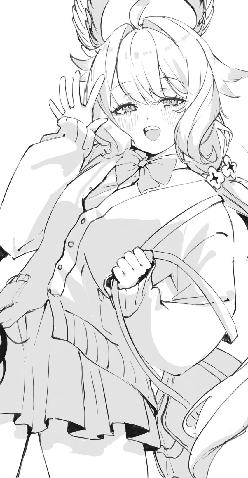 1girl, ahoge, bag, blush, bow, bowtie, cardigan, collared_shirt