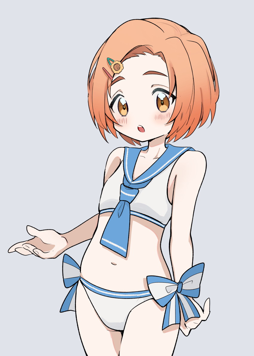 1girl, :o, absurdres, alternate_costume, ascot, bikini, blue_ascot, blush, breasts, collarbone, commentary, forehead, highres, idolmaster, idolmaster_cinderella_girls, looking_at_viewer, navel, orange_hair, ryuzaki_kaoru, sailor_bikini, sailor_collar, sailor_swimsuit_(idolmaster), short_hair, simple_background, small_breasts, solo, stomach, teeth, unaginekoko, upper_teeth_only