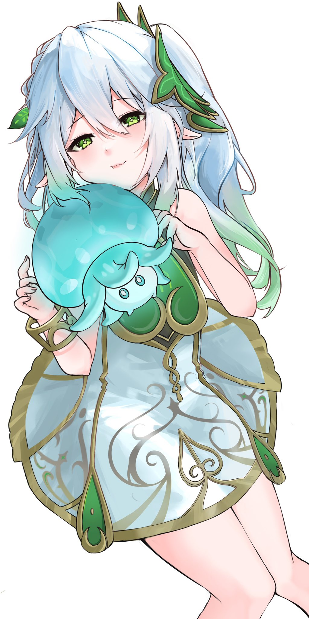 1girl, dress, fungi_(genshin_impact), genshin_impact, gold_trim, gradient_hair, green_eyes, green_hair, highres, long_hair, momofugu, multicolored_hair, nahida_(genshin_impact), pointy_ears, side_ponytail, sleeveless, sleeveless_dress, solo, white_dress, white_hair