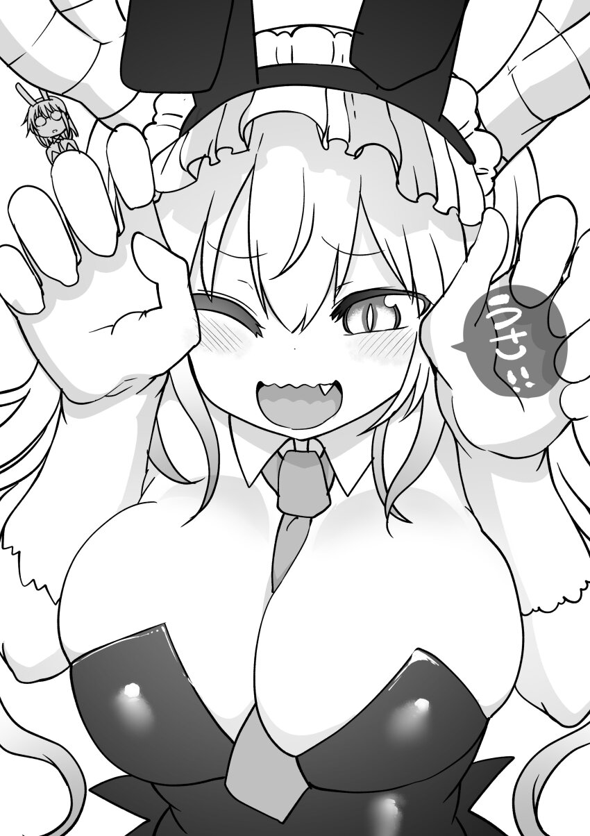 2girls, :d, absurdres, animal_ears, bare_shoulders, between_breasts, blush, breasts, cleavage, cool-kyou_shinja, detached_collar, dragon_girl, dragon_horns, fake_animal_ears, fang, glasses, gloves, gradient_hair, greyscale, hair_between_eyes, hands_up, highres, horns, kobayashi-san_chi_no_maidragon, kobayashi_(maidragon), large_breasts, leotard, long_hair, looking_at_viewer, maid_headdress, monochrome, multicolored_hair, multiple_girls, necktie, necktie_between_breasts, official_art, one_eye_closed, open_mouth, playboy_bunny, rabbit_day, rabbit_ears, rabbit_pose, round_eyewear, simple_background, slit_pupils, smile, solo_focus, strapless, strapless_leotard, tohru_(maidragon), twintails, upper_body, very_long_hair, white_background