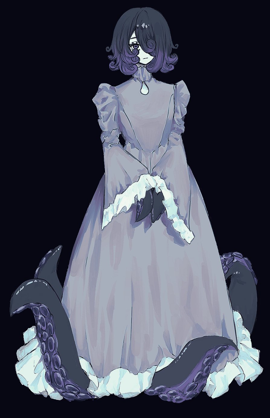 1girl, black_background, black_hair, curly_hair, dress, expressionless, full_body, gradient_hair