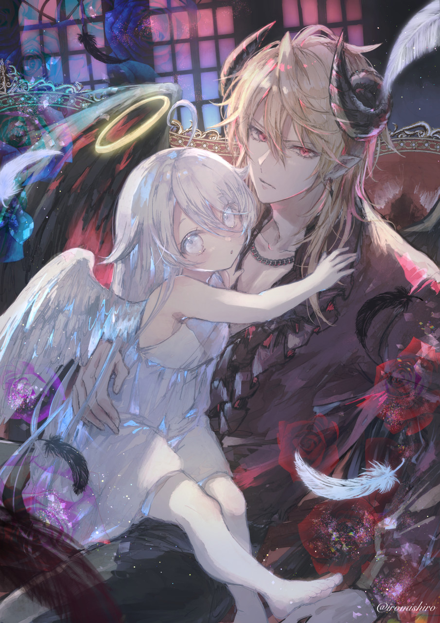 1boy, 1girl, age_difference, ahoge, angel, angel_wings, armchair, bare_shoulders