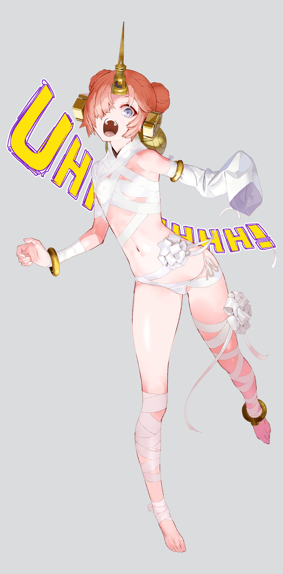 1girl, armlet, bandaged_arm, bandaged_leg, bandages, bikini, bikini_bottom_only, blue_eyes