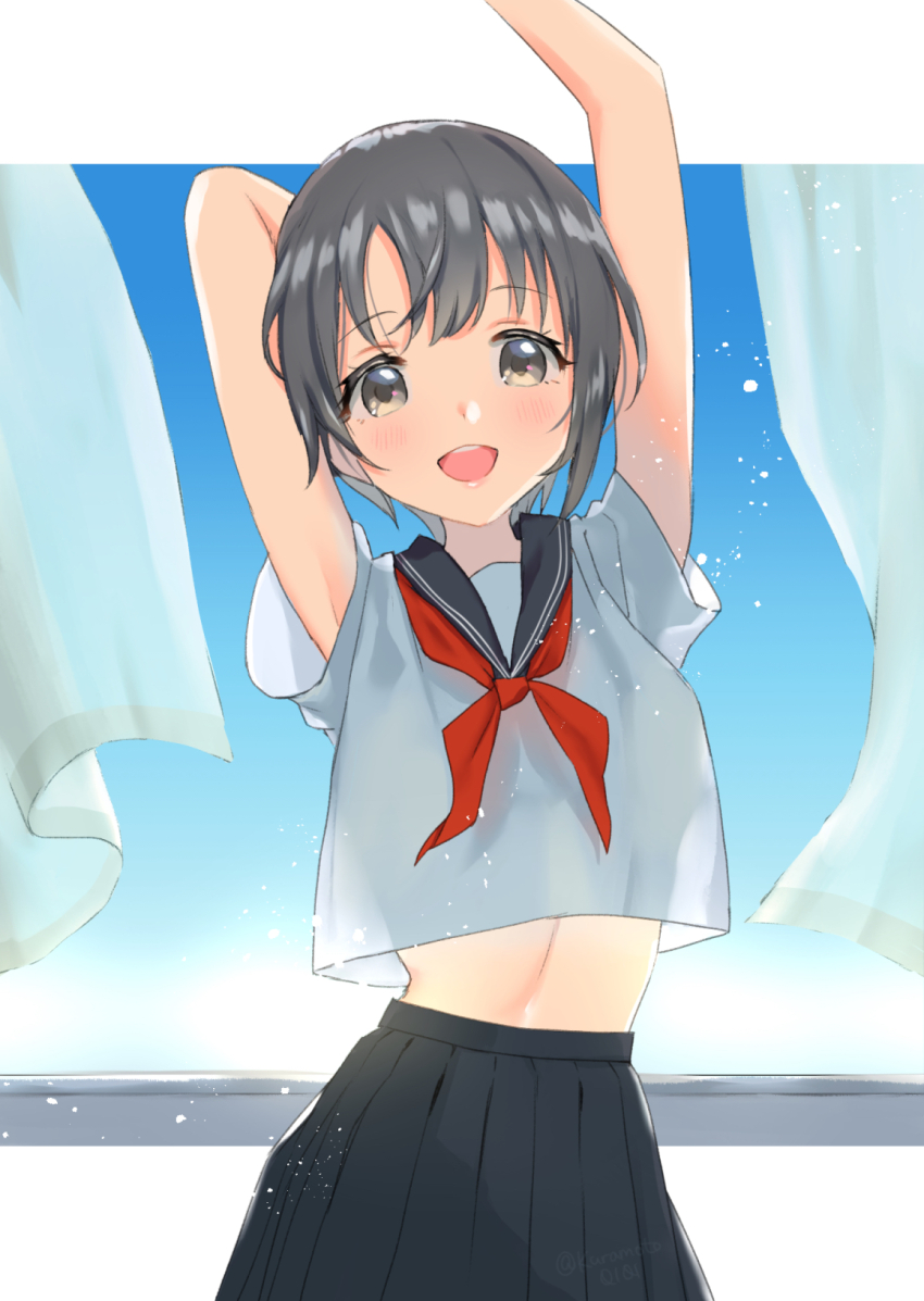 1girl, arm_behind_head, arms_up, black_skirt, blush, curtains, grey_hair, highres, idolmaster, idolmaster_cinderella_girls, indoors, looking_at_viewer, midriff, neckerchief, otokura_yuuki, pleated_skirt, red_neckerchief, school_uniform, see-through_silhouette, serafuku, shirt, short_hair, short_sleeves, skirt, smile, solo, white_shirt, zerorou_(himitunoko2)