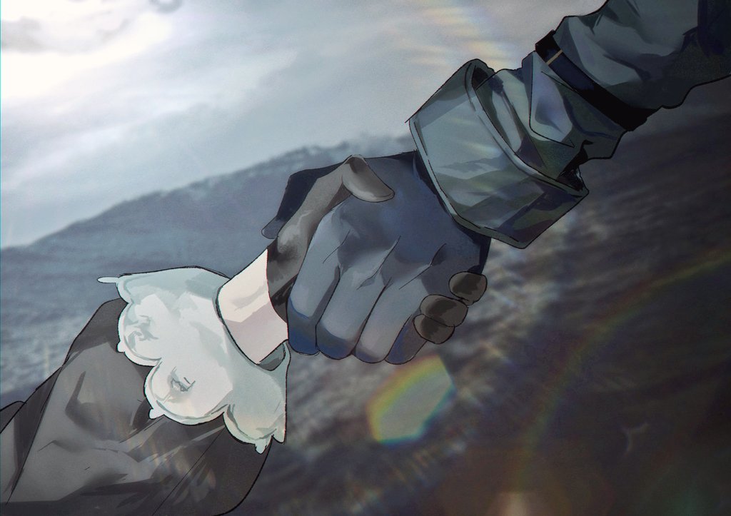 1boy, 1girl, aehobakjeon, arknights, black_gloves, black_shirt, blue_gloves, close-up, commentary_request, gloves, grey_sky, hand_focus, holding_hands, irene_(arknights), lens_flare, long_sleeves, lumen_(arknights), mountainous_horizon, out_of_frame, outdoors, shirt, sky