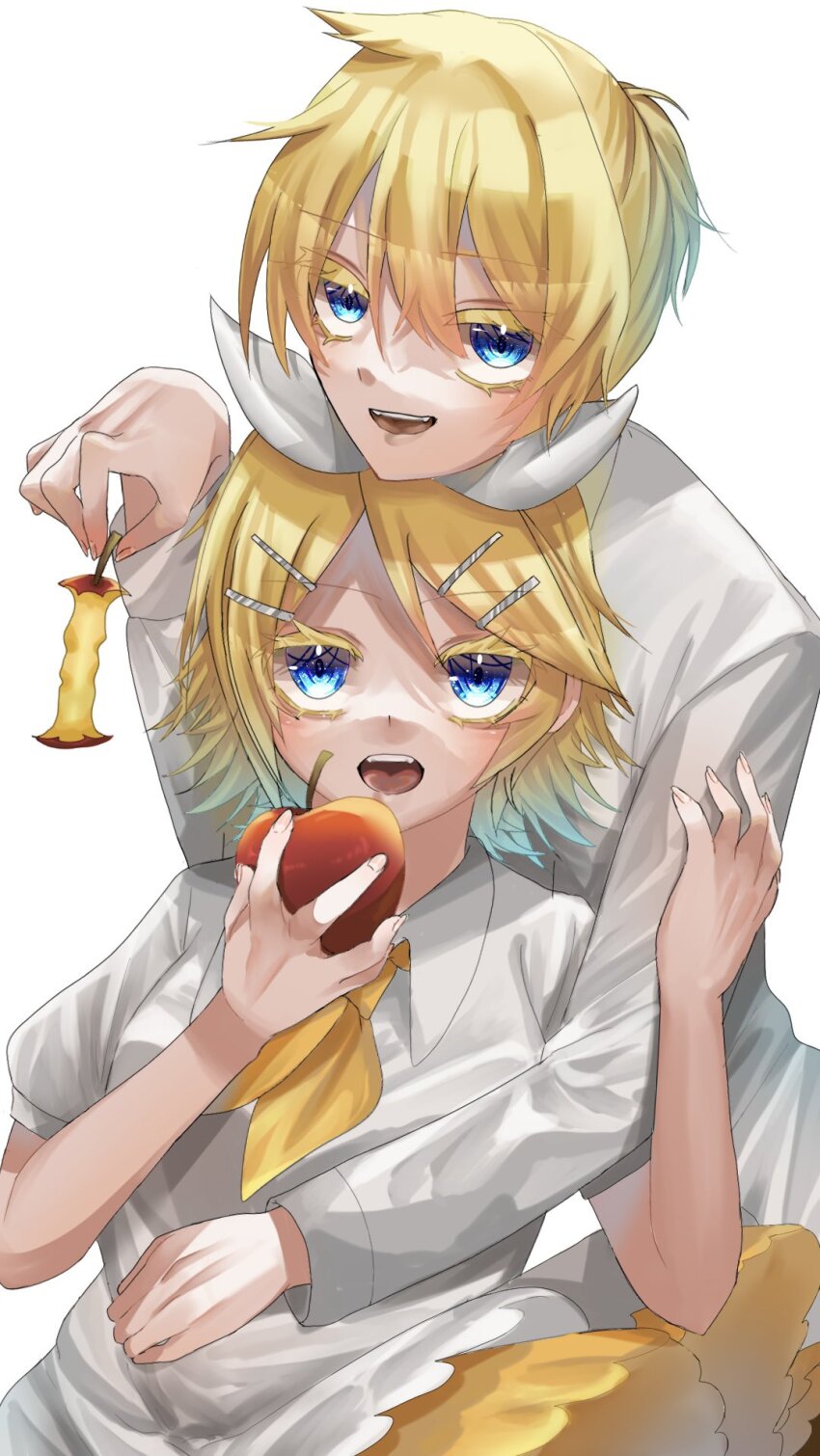 apple, apple_core, arm_around_shoulder, blonde_hair, blue_eyes, bow, brother_and_sister, collared_dress
