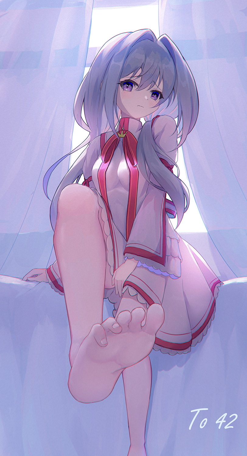 1girl, 3:, alternate_costume, arm_at_side, backlighting, bare_legs, barefoot, between_legs, blush, breasts, closed_mouth, commentary, company_connection, covering_privates, covering_crotch, crown, curtains, dress, feet, foot_focus, foreshortening, frilled_dress, frilled_sleeves, frills, frown, fujikawa_mia, furrowed_brow, grey_hair, hair_between_eyes, hair_intakes, hair_over_shoulder, hand_between_legs, highres, indoors, juliet_sleeves, kazamatsuri_institute_high_school_uniform, key_(company), knee_up, long_hair, long_sleeves, looking_at_viewer, loopers, low_twintails, medium_breasts, mini_crown, neck_ribbon, pink_dress, puffy_sleeves, purple_eyes, red_ribbon, rewrite, ribbon, school_uniform, shiki_hamaguri, short_dress, shy, sitting, soles, solo, toenails, toes, twintails, wide_sleeves, window