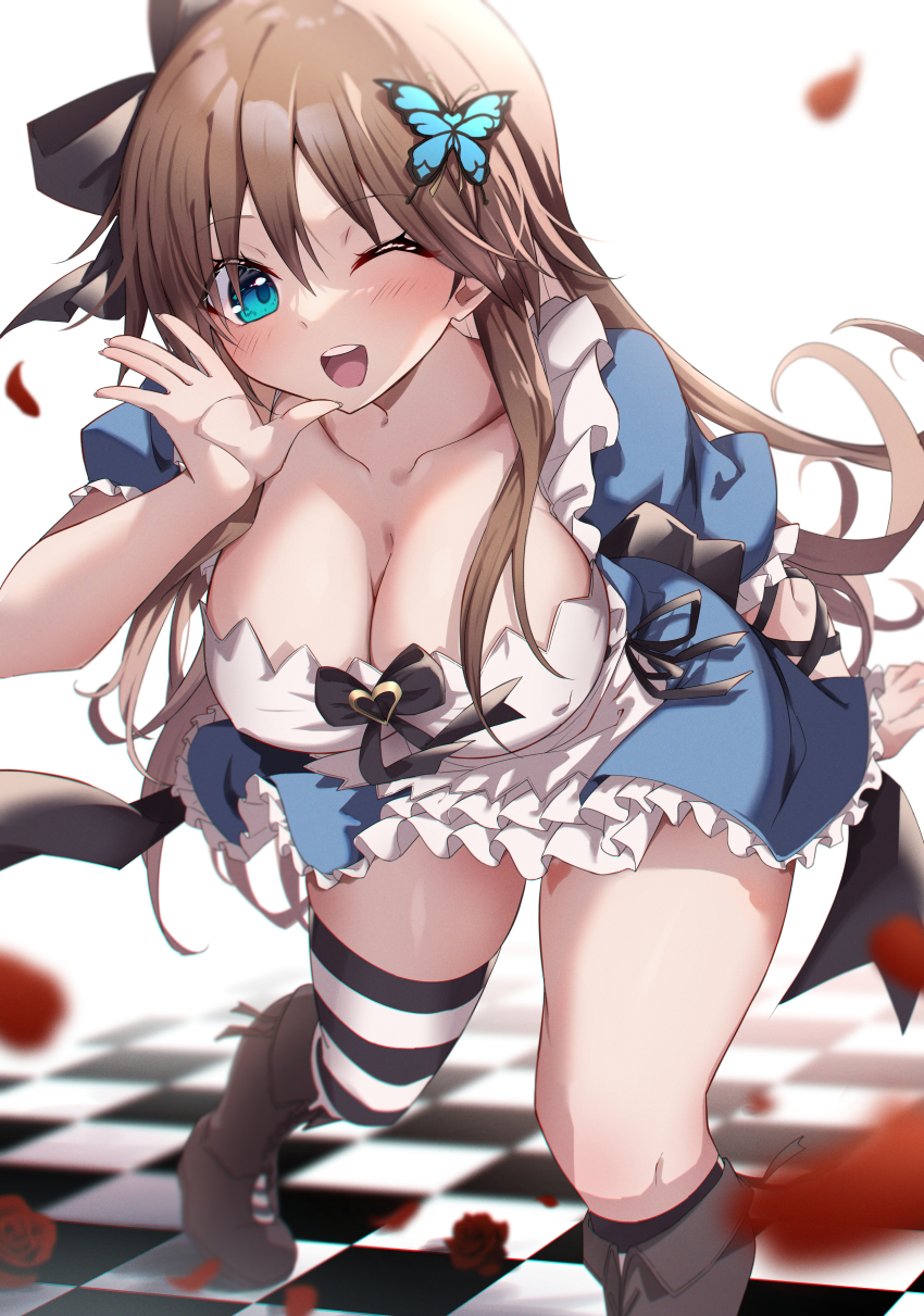 1girl, ;d, \||/, absurdres, apron, arm_at_side, black_bow, black_ribbon