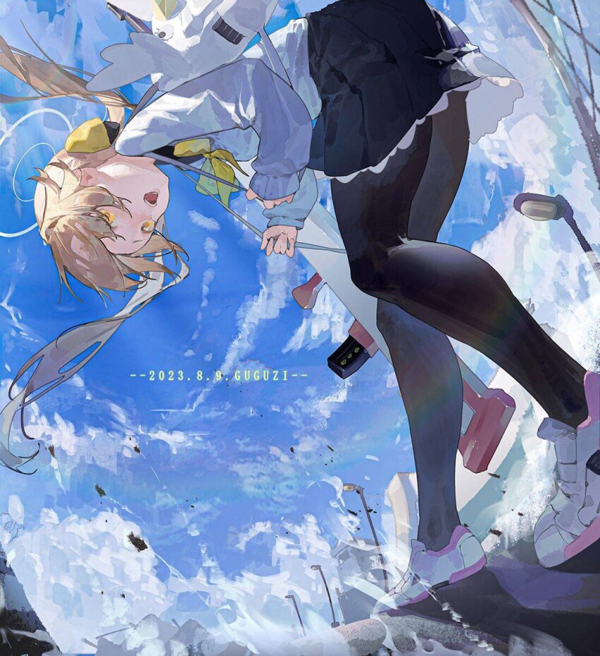 1girl, artist_name, black_pantyhose, black_sailor_collar, blue_archive, cardigan, dated, day, full_body, guguzi, hifumi_(blue_archive), highres, light_brown_hair, long_hair, long_sleeves, low_twintails, neckerchief, open_mouth, outdoors, pantyhose, sailor_collar, shoes, solo, twintails, white_cardigan, white_shoes, yellow_eyes, yellow_neckerchief