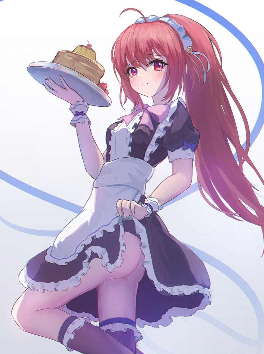 1girl, ahoge, alternate_costume, apron, ass, bell, black_dress, black_socks, blush, bow, breasts, brown_hair, cake, center_frills, closed_mouth, clothes_lift, commentary, dress, dress_lift, enmaided, eyes_visible_through_hair, feet_out_of_frame, food, frilled_apron, frilled_cuffs, frilled_dress, frilled_socks, frills, from_side, frown, furrowed_brow, hair_bell, hair_between_eyes, hair_ornament, hair_ribbon, hand_up, highres, holding, holding_tray, jingle_bell, kneehighs, lifting_own_clothes, little_busters!, long_hair, looking_at_viewer, maid, maid_apron, maid_headdress, natsume_rin, no_panties, pink_bow, ponytail, pudding, puffy_short_sleeves, puffy_sleeves, purple_bow, red_eyes, ribbon, shiki_hamaguri, short_dress, short_sleeves, sidelighting, simple_background, sleeve_bow, small_breasts, socks, solo, standing, tray, very_long_hair, white_apron, white_background, white_ribbon, white_wrist_cuffs, wrist_cuffs