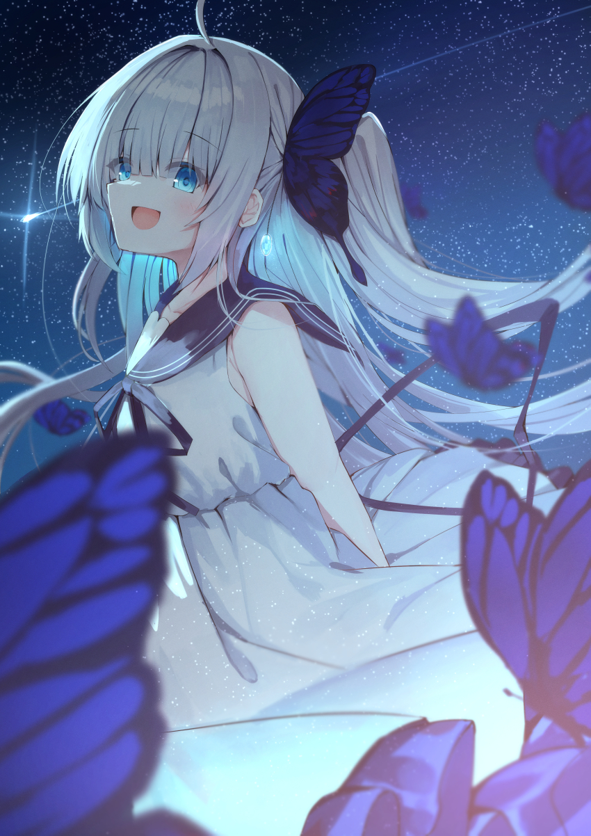 1girl, :d, absurdres, ahoge, arms_behind_back, black_ribbon, black_sailor_collar, blue_butterfly, blue_eyes, blurry, blush, bug, butterfly, butterfly_hair_ornament, commentary, cowboy_shot, depth_of_field, dress, eyelashes, eyes_visible_through_hair, floating_hair, from_side, ginka_(visual_novel), grey_hair, hair_between_eyes, hair_ornament, highres, insect, long_hair, looking_at_viewer, moonlight, neck_ribbon, night, nodoameyatou, open_mouth, outdoors, ponytail, ribbon, sailor_collar, sailor_dress, shinomiya_ginka, shooting_star, short_ponytail, sidelighting, sidelocks, sky, sleeveless, sleeveless_dress, smile, solo, standing, star_(sky), starry_sky, straight_hair, very_long_hair, white_dress