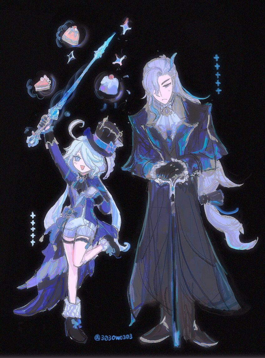 1boy, 1girl, 303owo303, ahoge, ascot, asymmetrical_gloves, black_background, black_footwear