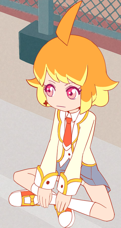 1girl, ahoge, blonde_hair, blue_skirt, closed_mouth, earrings, full_body, haruyama_kazunori