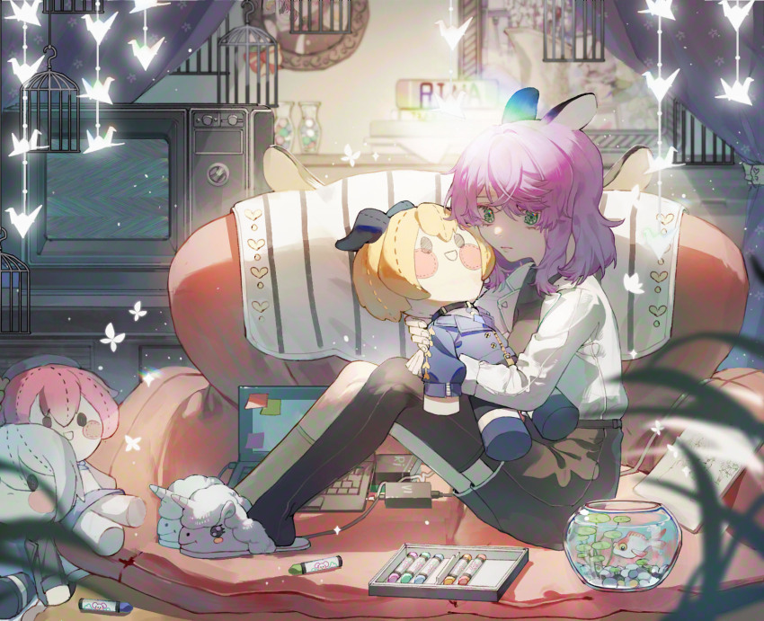 1girl, animal_slippers, ankle_socks, asymmetrical_footwear, asymmetrical_legwear, birdcage, black_bow, black_hat