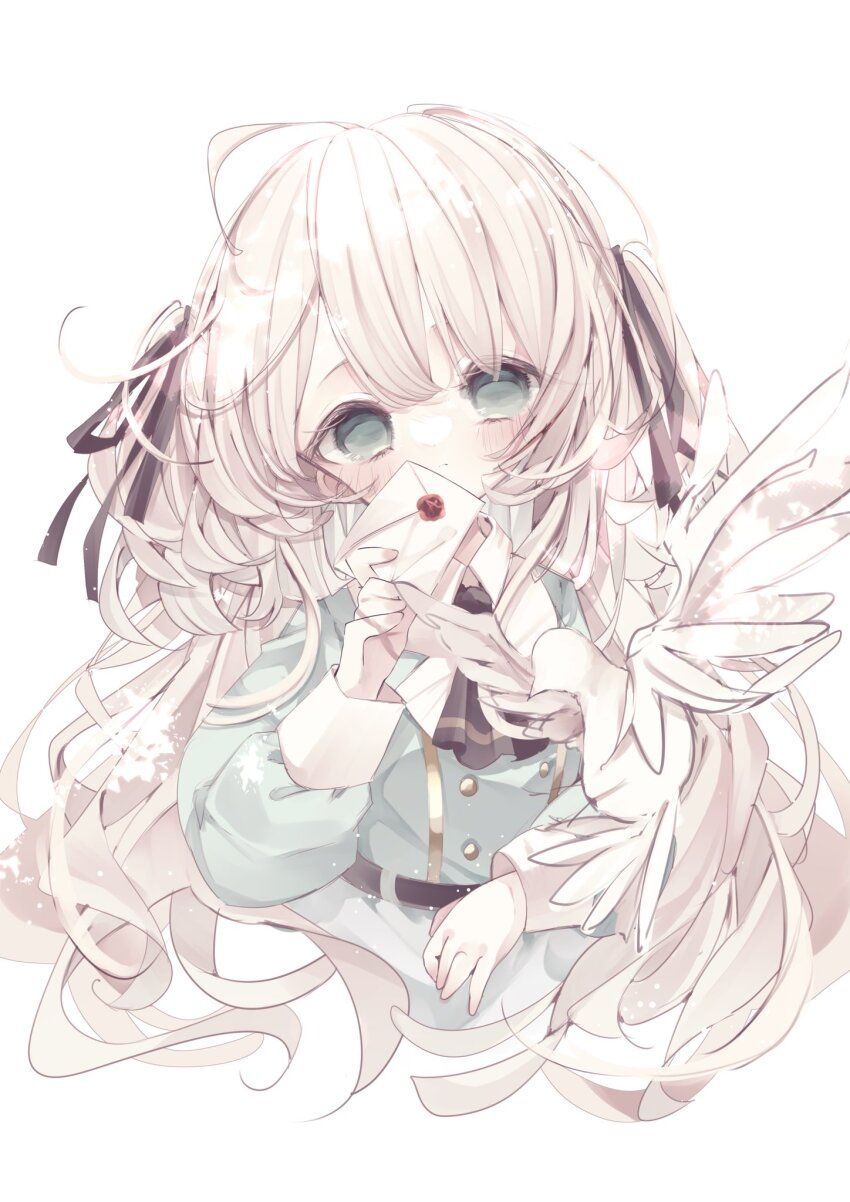 1girl, :o, angel_wings, ascot, belt, black_ascot, black_belt, black_ribbon