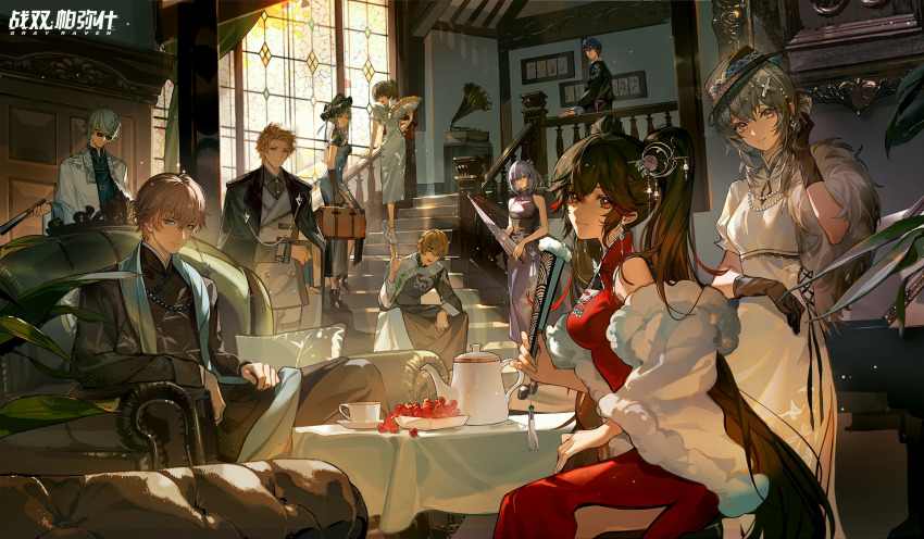 anniversary, artist_request, black_hair, blonde_hair, blue_eyes, camu_(pgr), chair, chinese_clothes