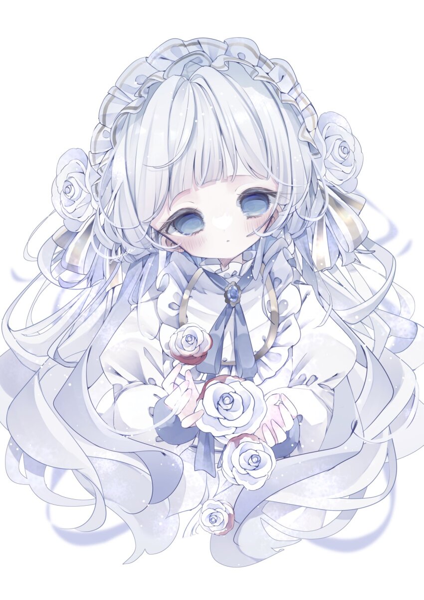 1girl, blood, blood_on_flower, blood_stain, blue_eyes, blue_ribbon, blunt_bangs, collar