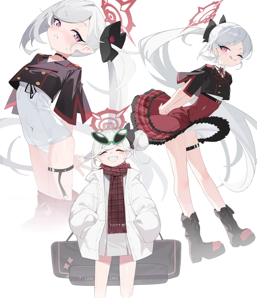 1girl, absurdres, black_choker, black_footwear, black_shirt, blue_archive, blush, boots