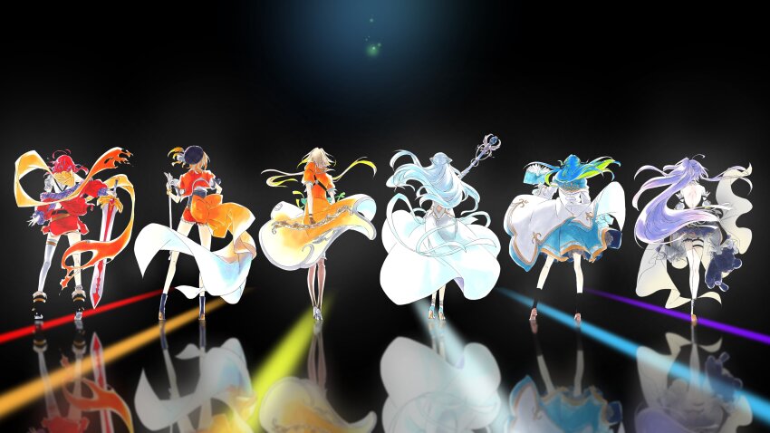 absurdres, ahoge, akane_canna, akane_canna_(1st_costume), antenna_hair, back, backless_outfit, bangle, bare_shoulders, belt, black_background, black_belt, black_footwear, blonde_hair, blue_hair, book, boots, bow, bow_(weapon), bracelet, brown_footwear, cone_hair_bun, detached_sleeves, double_bun, dress, fingerless_gloves, floating, floating_book, floating_clothes, floating_hair, floating_object, floating_scarf, fur-trimmed_boots, fur_trim, gloves, green_hair, hair_bun, halterneck, harp, hat, hat_feather, high_heels, highres, hiyoku_no_crosspiece, holding, holding_book, holding_bow_(weapon), holding_harp, holding_staff, holding_sword, holding_weapon, ieiri_popo, ieiri_popo_(1st_costume), instrument, jacket, jacket_partially_removed, jewelry, ken'ichi_(ken1ro_u), kohaku_yuri, kohaku_yuri_(1st_costume), long_hair, medium_hair, multicolored_hair, multiple_girls, muneate, nanashi_inc., open_book, orange_hair, orange_jacket, orange_shorts, plaid_clothes, plaid_headwear, planted, planted_sword, planted_weapon, puffy_short_sleeves, puffy_sleeves, purple_hair, red_jacket, reflection, scarf, shisui_kiki, shisui_kiki_(1st_costume), short_hair_with_long_locks, short_sleeves, shorts, side_ponytail, sidelocks, single_thighhigh, socks, staff, streaked_hair, suzumi_nemo, suzumi_nemo_(1st_costume), sword, thighhighs, torn_clothes, torn_scarf, touri_sei, two-tone_hair, virtual_youtuber, weapon, white_dress, white_jacket