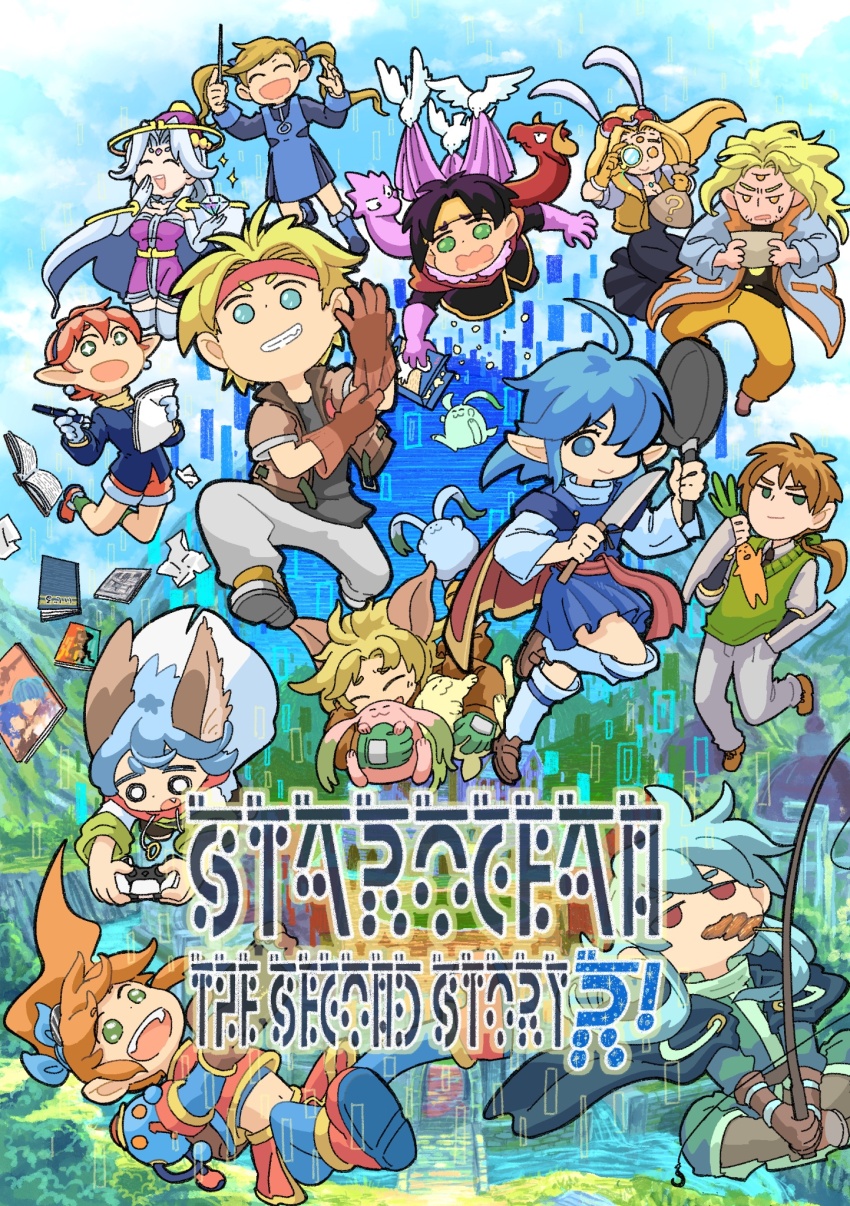 ahoge, ashton_anchors, bird, blonde_hair, blue_eyes, blue_hair, book, bowman_jean