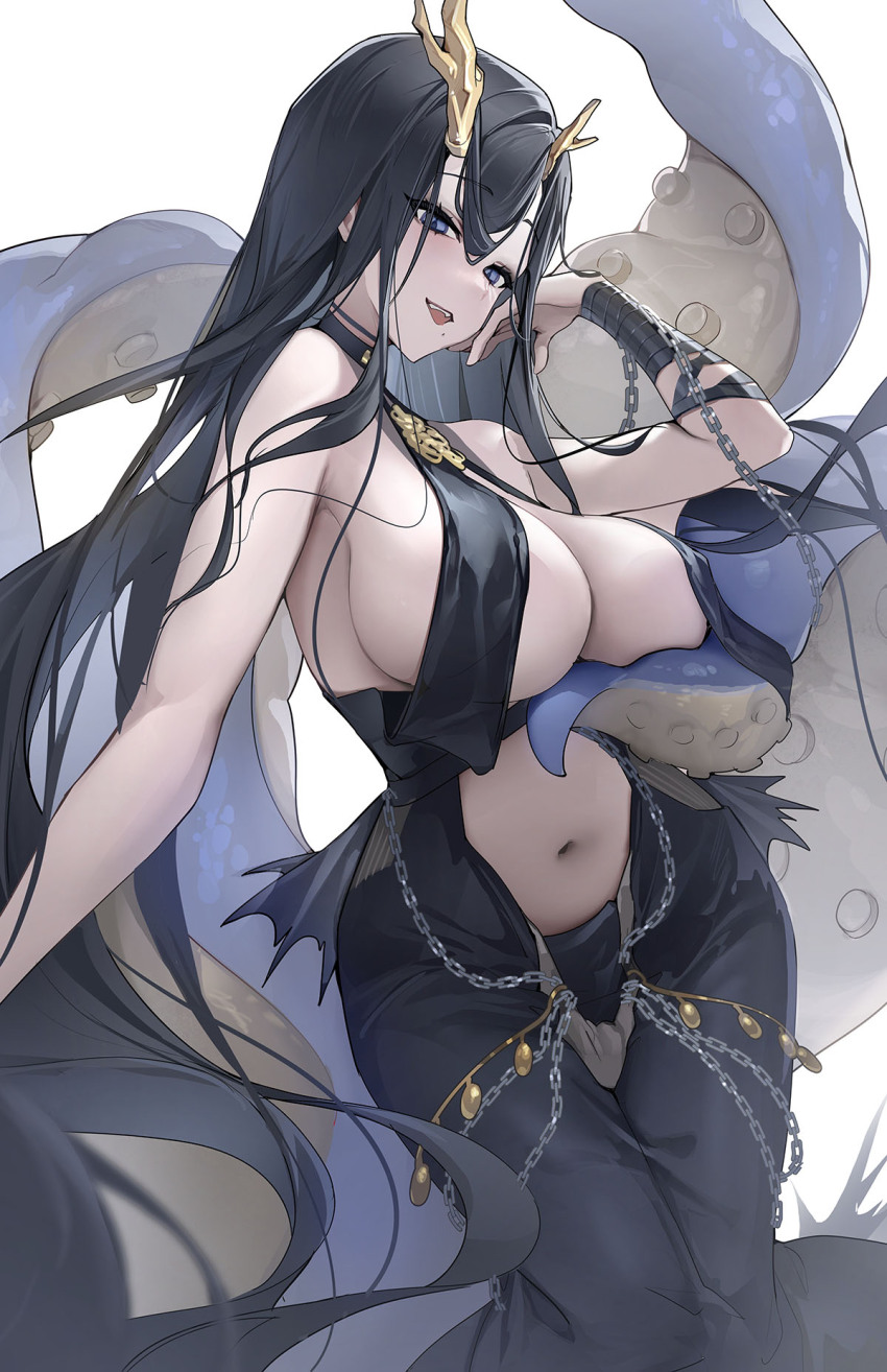 1girl, antlers, asymmetrical_antlers, azur_lane, bandaged_arm, bandages, black_dress, black_hair, blue_eyes, breasts, chain, dress, eyelashes, golden_hind_(azur_lane), hair_between_eyes, highres, horns, large_breasts, long_hair, looking_at_viewer, mole, mole_under_mouth, open_mouth, simple_background, sleeveless, sleeveless_dress, solo, tentacles, ttosom, very_long_hair, white_background
