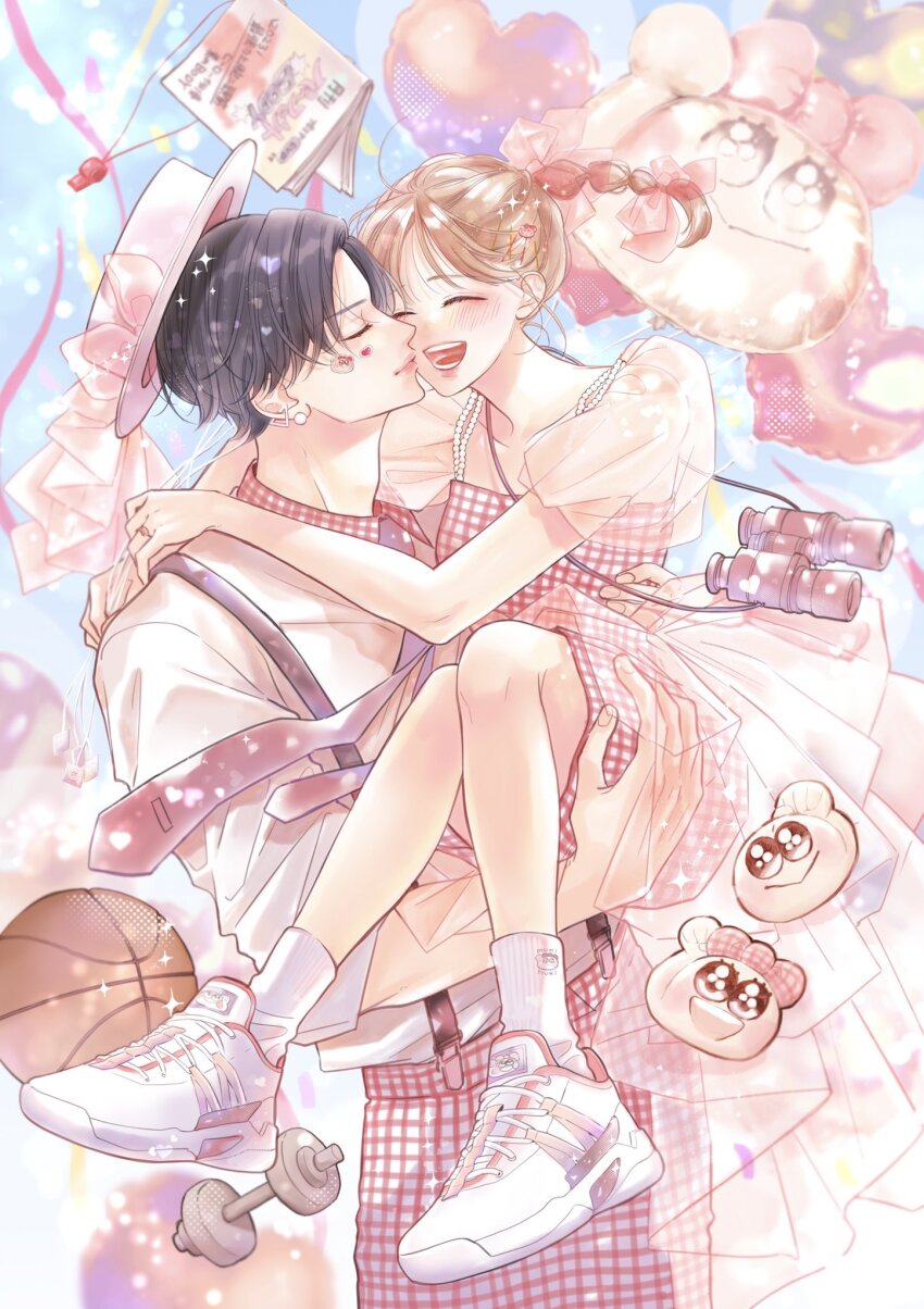 1boy, 1girl, :d, ^_^, ahoge, ball, balloon, barbell