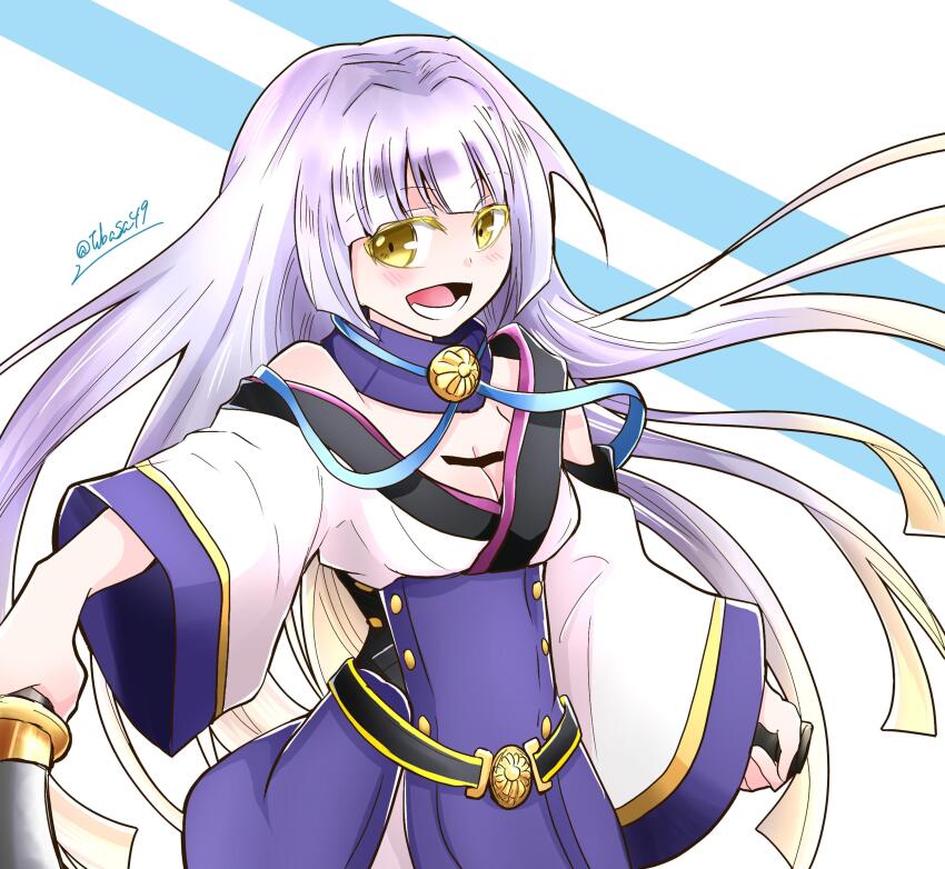 1girl, belt, blunt_ends, breasts, buttons, chest_tattoo, chrysanthemum_print, cleavage