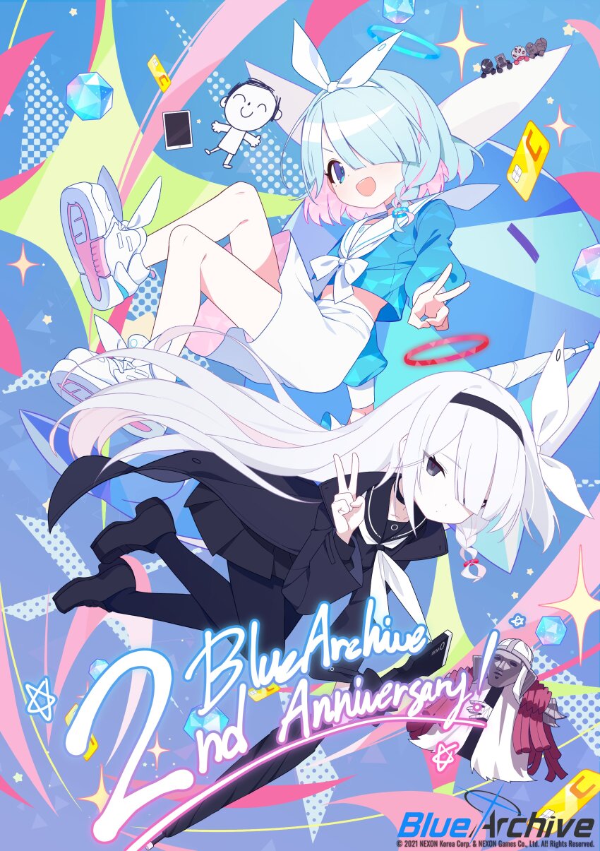 2boys, 2girls, absurdres, anniversary, aqua_hair, arona_(blue_archive), beatrice_(blue_archive), black_hairband, black_pantyhose, black_sailor_collar, black_skirt, black_suit_(blue_archive), blue_archive, braid, chibi, choker, commentary, credit_card, doodle_sensei_(blue_archive), english_commentary, golconda_&amp;_decalcomania_(blue_archive), grey_hair, hair_over_one_eye, hairband, halo, highres, kokosando, logo, long_hair, long_sleeves, looking_at_viewer, maestro_(blue_archive), multicolored_hair, multiple_boys, multiple_girls, official_art, open_mouth, pantyhose, phrenapates_(blue_archive), pink_hair, plana_(blue_archive), pyroxene_(blue_archive), sailor_collar, school_uniform, sensei_(blue_archive), serafuku, shoes, short_hair, side_braid, skirt, sneakers, sparkle, tablet_pc, twitter, v, very_long_hair, white_sailor_collar, white_skirt