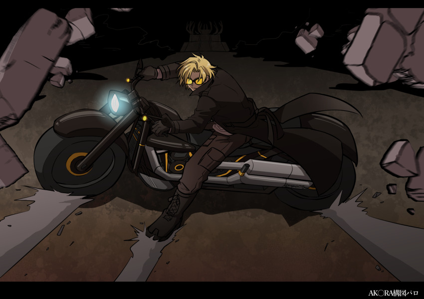 1boy, akira_(manga), black_boots, black_coat, black_gloves, blonde_hair, boots, brown_pants