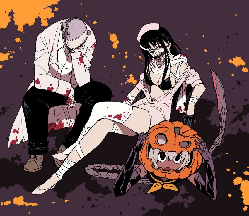 1boy, 2girls, blood, blood_on_clothes, blood_on_face, coat, halloween, halloween_costume, hat, highres, jack-o'-lantern, jacket, kato_takuji, kuchisake-onna_(ishiyumi), long_hair, mechanical_buddy_universe, multiple_girls, noppera-bou_(ishiyumi), nurse, nurse_cap, pumpkin, red_eyes, scarf, short_hair, tail, teke-teke_(ishiyumi), track_jacket