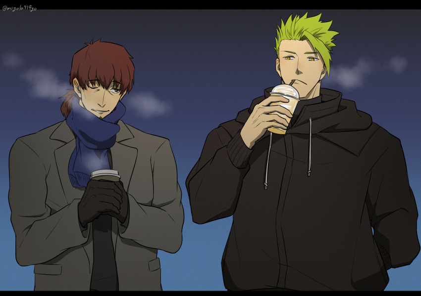 2boys, achilles_(fate), black_gloves, black_jacket, blue_scarf, brown_eyes, brown_hair, cappuccino