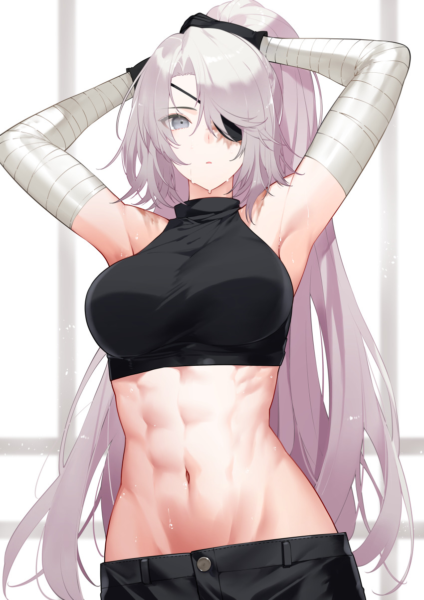 1girl, abs, absurdres, armpits, arms_up, bandaged_arm, bandages, bare_shoulders, black_gloves, black_pants, black_shirt, breasts, burn_scar, commentary_request, commission, cowboy_shot, crop_top, eyepatch, gloves, groin, hair_between_eyes, hair_over_one_eye, highres, large_breasts, long_hair, looking_at_viewer, lydia_macarthur, midriff, navel, one-eyed, original, pants, parted_bangs, parted_lips, scar, scar_on_arm, scar_on_face, shirt, sidelocks, skeb_commission, solo, standing, sweat, tying_hair, very_long_hair, waka_(shark_waka)