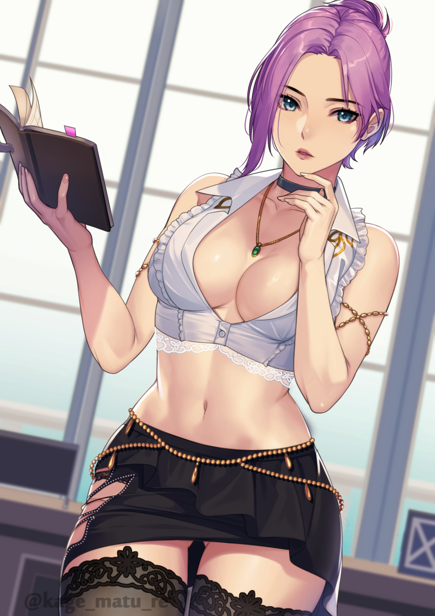 1girl, absurdres, armlet, bare_shoulders, black_choker, black_panties, black_skirt, black_thighhighs, blue_eyes, book, breasts, choker, cleavage, clothing_cutout, collarbone, commentary_request, cowboy_shot, crop_top, dead_or_alive, dead_or_alive_xtreme, dead_or_alive_xtreme_venus_vacation, elise_(doa), frilled_shirt, frills, gluteal_fold, hair_bun, highres, hip_vent, holding, holding_book, indoors, jewelry, kagematsuri, looking_at_viewer, medium_breasts, midriff, miniskirt, navel, necklace, panties, panty_peek, parted_bangs, parted_lips, pencil_skirt, purple_hair, shirt, sidelocks, skindentation, skirt, sleeveless, sleeveless_shirt, solo, standing, thighhighs, twitter_username, underwear, white_shirt, window, zettai_ryouiki