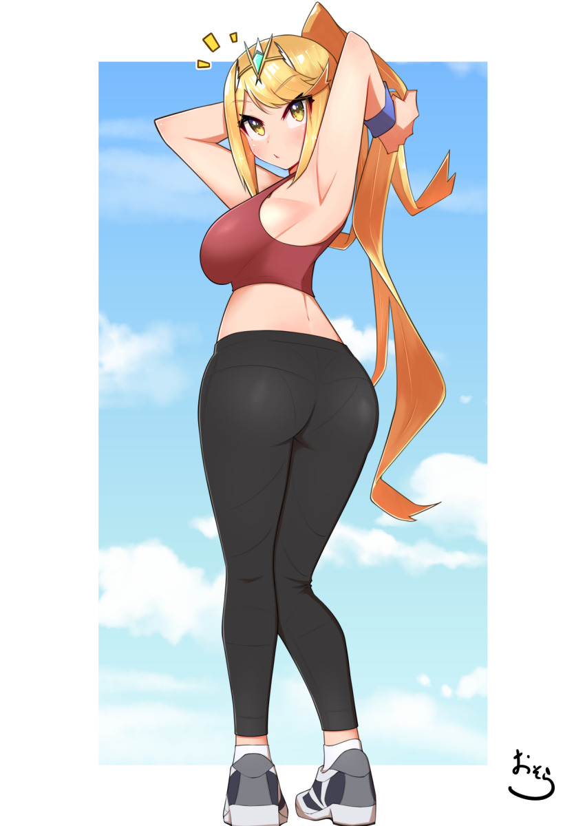 all_fours, alternate_costume, blonde_hair, breasts, highres, huge_breasts, large_breasts, mythra_(xenoblade), osora_(judithandlilith), ponytail, xenoblade_chronicles_(series), xenoblade_chronicles_2, yellow_eyes