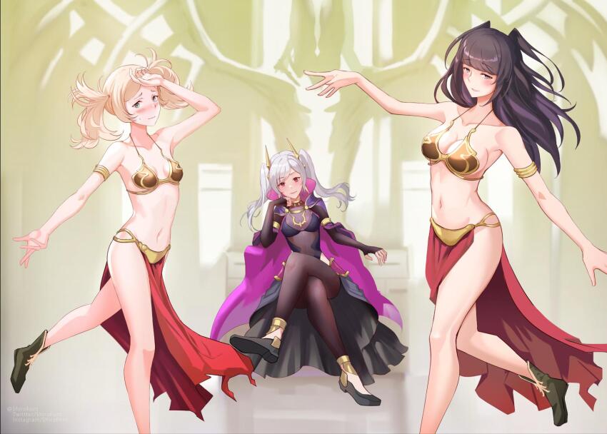 3girls, alternate_costume, armor, bikini, bikini_armor, black_bikini, black_hair, black_skirt, blonde_hair, blush, body_control, bodystocking, boots, breasts, cape, cleavage, corruption, cosplay, covered_navel, crossed_legs, dancer, dancing, dark_persona, embarrassed, female_robin_(fire_emblem), fire_emblem, fire_emblem_awakening, fire_emblem_heroes, grima_(fire_emblem), grima_(fire_emblem)_(female), highres, huttslayer_leia_(cosplay), intelligent_systems, lissa_(fire_emblem), long_hair, long_skirt, medium_breasts, medium_hair, metal_bikini, multiple_girls, navel, nintendo, official_alternate_costume, pelvic_curtain, possessed, possession, purple_cape, shiro_font, sitting, skirt, small_breasts, swimsuit, tharja_(fire_emblem), throne, twintails, white_hair