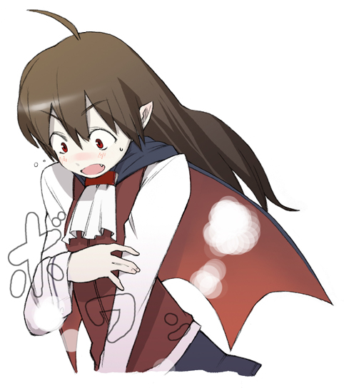 1girl, blush, brown_hair, capcom, cape, demitri_maximoff, fang, female_focus