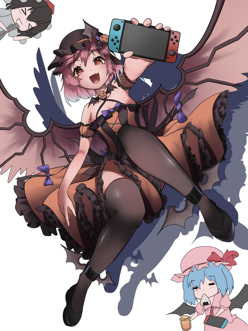 3girls, :d, absurdres, alternate_costume, animal_ears, bai_huashu, bird_ears, bird_wings, black_thighhighs, blush, commentary_request, dress, fang, food, foreshortening, full_body, handheld_game_console, hat, highres, holding, holding_handheld_game_console, mob_cap, multiple_girls, mystia_lorelei, nintendo_switch, onigiri, open_mouth, orange_dress, pink_eyes, pink_hair, remilia_scarlet, shameimaru_aya, simple_background, skin_fang, smile, thighhighs, touhou, white_background, wings