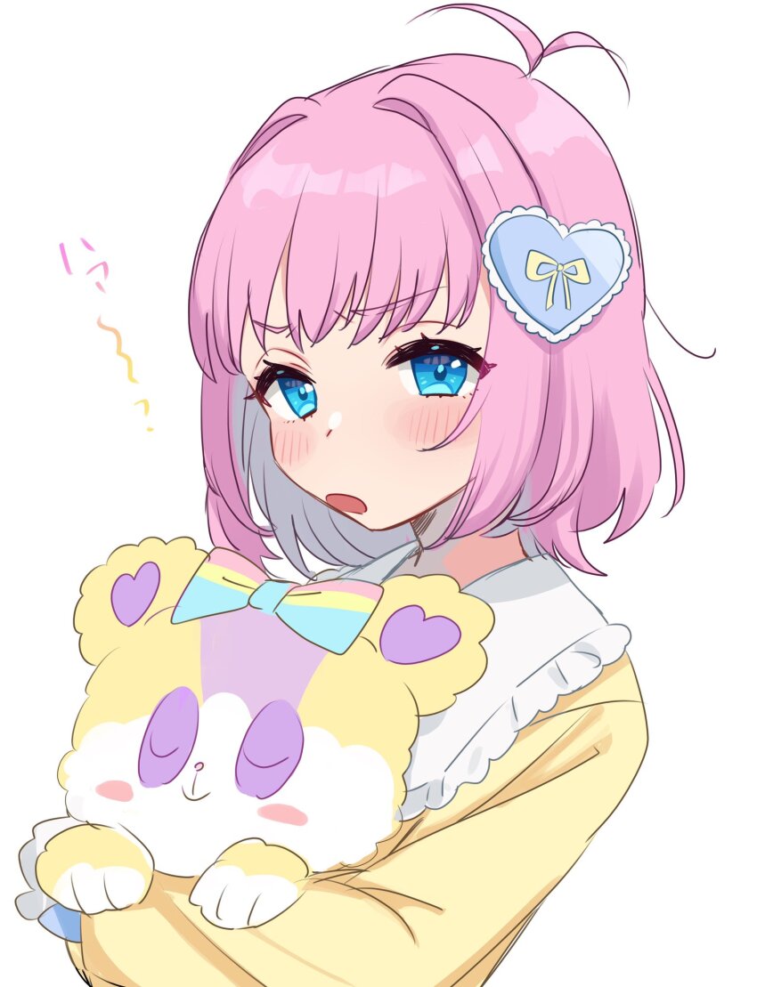 1girl, amauri_miruki, antenna_hair, blue_eyes, blush, commentary_request, confused, frilled_shirt_collar