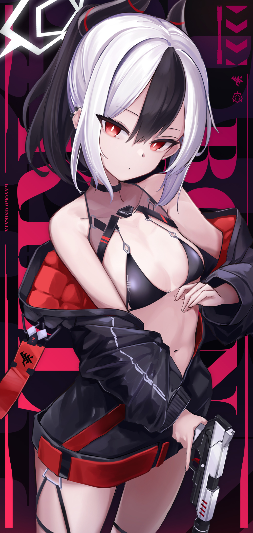 1girl, alternate_costume, bare_shoulders, bikini, black_bikini, black_choker, black_hair, black_horns, black_jacket, blue_archive, breasts, choker, closed_mouth, collarbone, cowboy_shot, demon_horns, grey_halo, gun, hair_between_eyes, halo, highres, holding, holding_gun, holding_weapon, horns, jacket, kayoko_(blue_archive), kie_(yospcd), long_hair, long_sleeves, looking_at_viewer, navel, off_shoulder, open_clothes, open_jacket, ponytail, red_eyes, small_breasts, solo, standing, swimsuit, swimsuit_under_clothes, weapon, white_hair