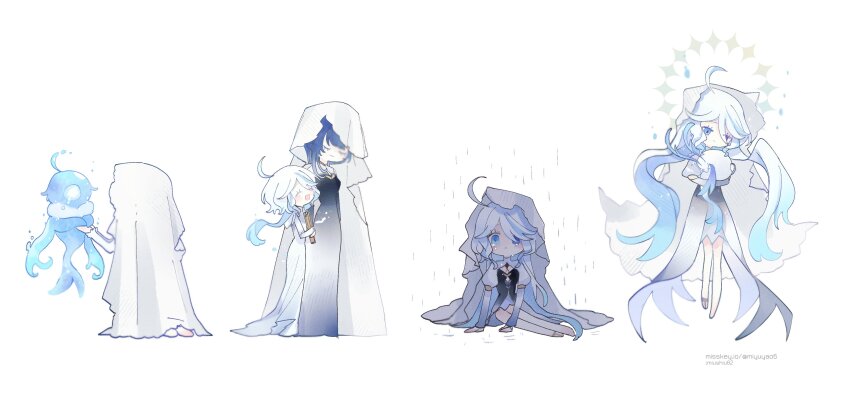 2girls, absurdres, age_progression, dragon, dress, egeria_(genshin_impact), focalors_(genshin_impact), full_body, furina_(genshin_impact), genshin_impact, halo, highres, juliet_sleeves, lineup, long_hair, long_sleeves, low_twintails, monsterification, multicolored_hair, multiple_girls, neuvillette_(genshin_impact), oceanid_(genshin_impact), puffy_sleeves, shirt, simple_background, standing, streaked_hair, twintails, umiushi_u, veil, very_long_hair, white_dress, white_hair, white_shirt, white_veil