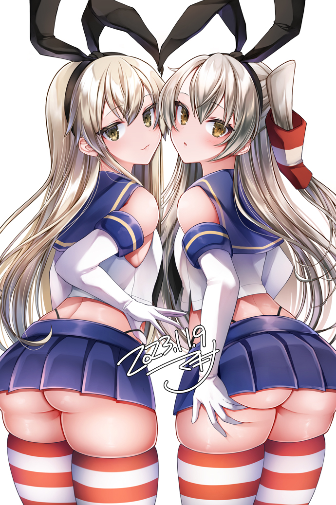 2girls, amatsukaze_(kancolle), ass, black_panties, blonde_hair, blush, brown_eyes, cosplay, dress, elbow_gloves, gloves, grey_hair, hair_tubes, hairband, highleg, highleg_panties, kantai_collection, long_hair, looking_at_viewer, makina00, multiple_girls, open_mouth, panties, sailor_collar, sailor_dress, school_uniform, serafuku, shimakaze_(kancolle), shimakaze_(kancolle)_(cosplay), striped_clothes, striped_thighhighs, thighhighs, thong, two_side_up, underwear, white_gloves