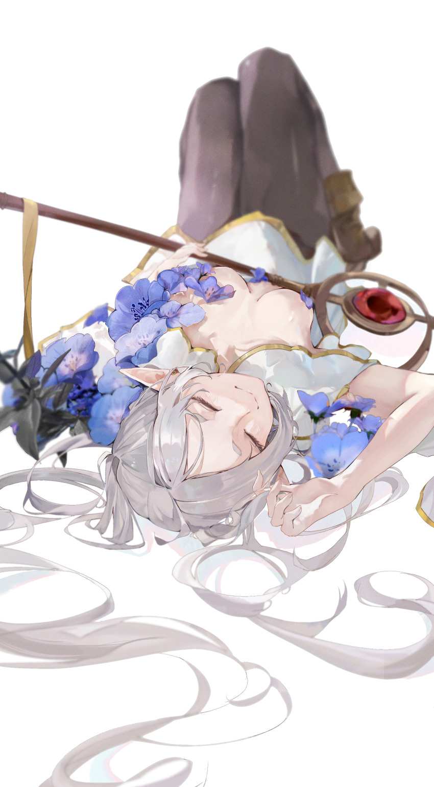 1girl, absurdres, black_pantyhose, blue_flower, boots, breasts, brown_boots, closed_eyes