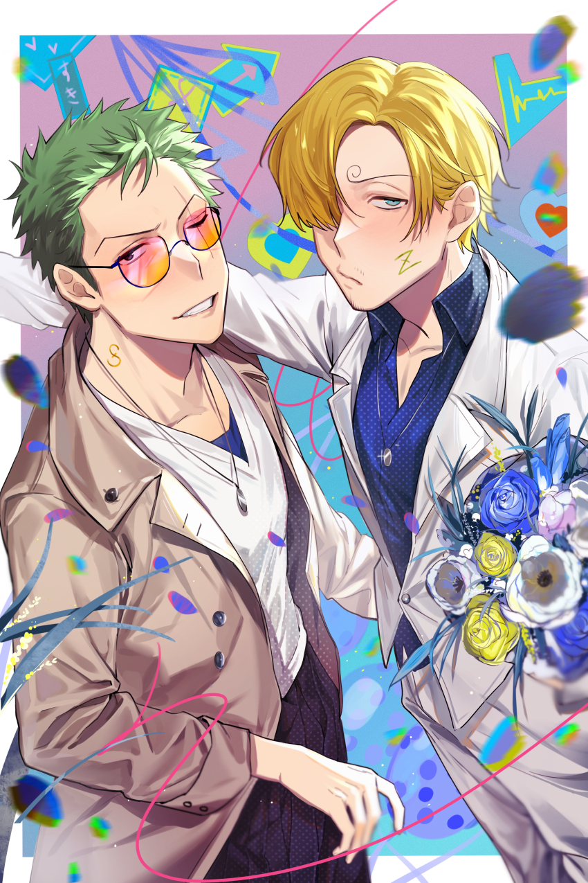 2boys, absurdres, black_pants, blonde_hair, blue_eyes, blue_shirt, body_writing, bouquet