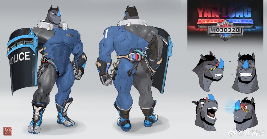 1boy, ^_^, asymmetrical_legwear, bara, beard, blue_bodysuit, bodysuit, boots