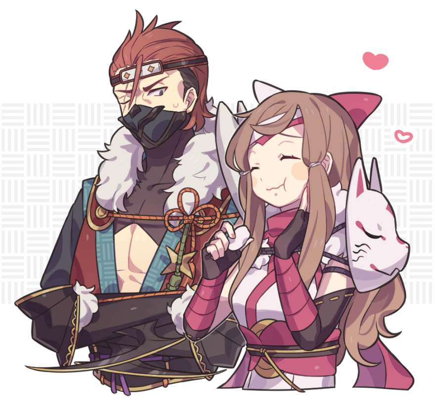 1boy, 1girl, fire_emblem, fire_emblem_fates, fire_emblem_heroes, fox_mask, haconeri, hana_(fire_emblem), hana_(ninja)_(fire_emblem), headband, heart, mask, mouth_mask, ninja_mask, nintendo, official_alternate_costume, red_hair, saizo_(fire_emblem), saizo_(ninja)_(fire_emblem), unworn_mask