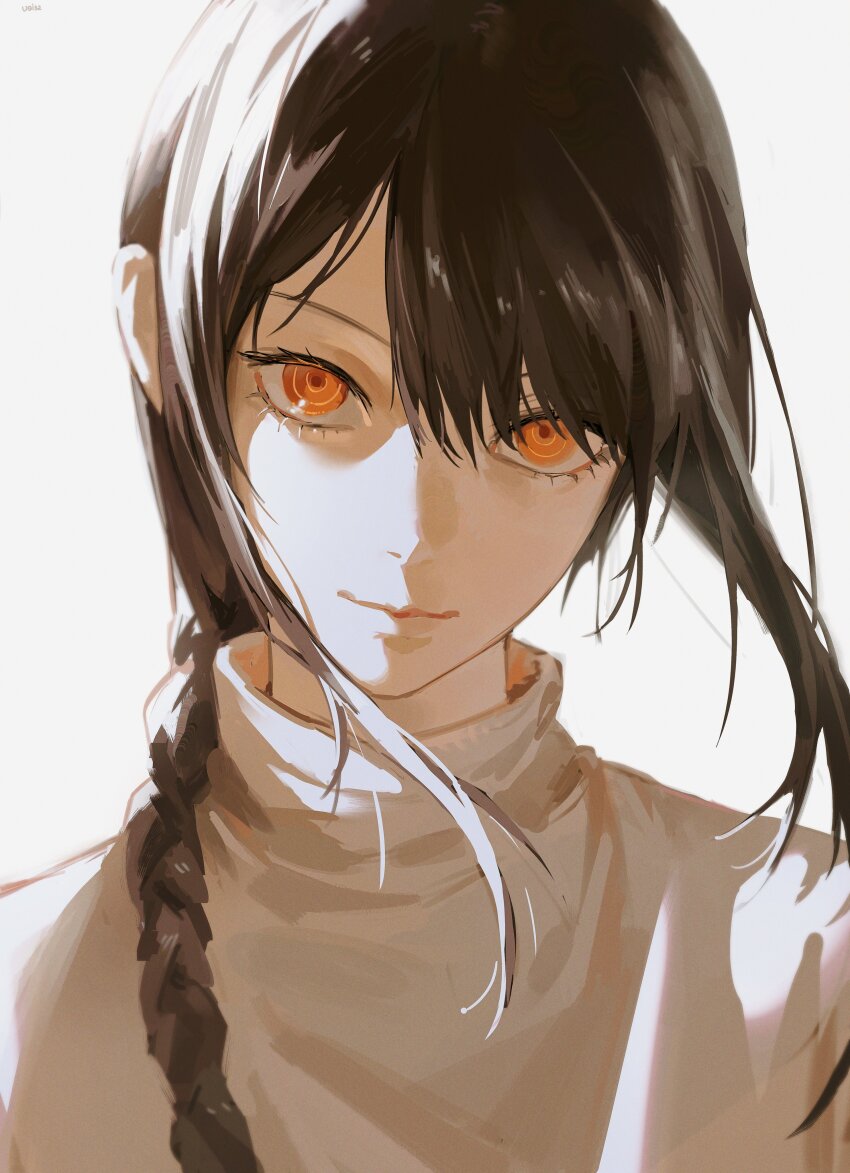 1girl, absurdres, arms_up, black_hair, braid, braided_ponytail, chainsaw_man, eyelashes