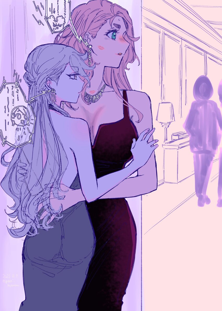 2girls, blue_dress, blue_eyes, blush, breasts, chuatury_panlunch, cleavage, commentary_request